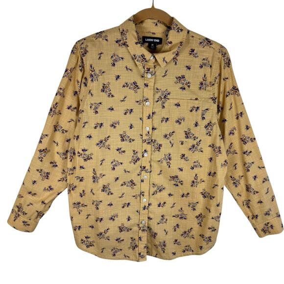 Lands' End Yellow Floral 100% Cotton Long Roll Tab Sleeve Collared Button Up M - Picture 1 of 8